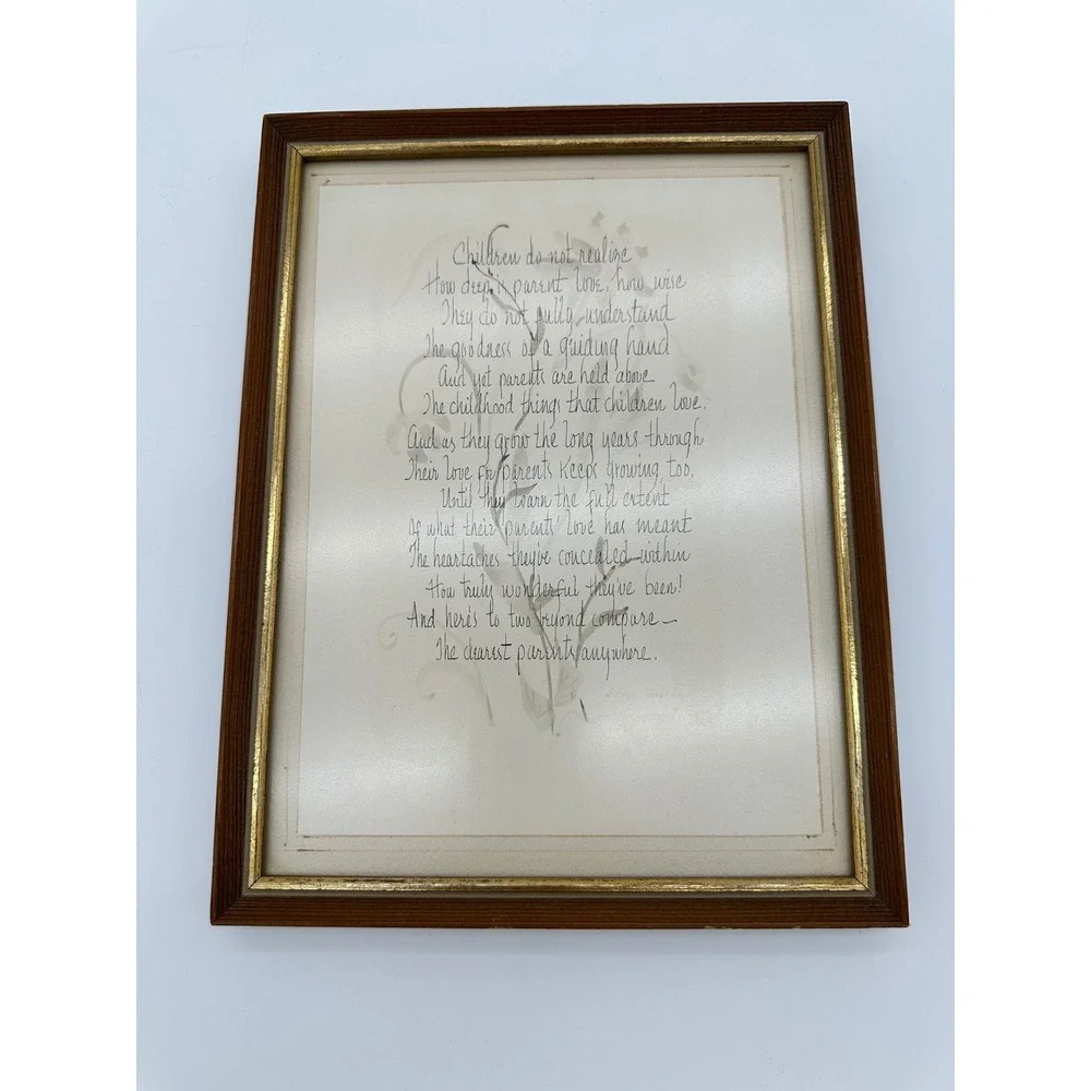 Framed Calligraphy Poem‎ Wall Art Parents Gift Vintage Wood Gold Frame Brown S